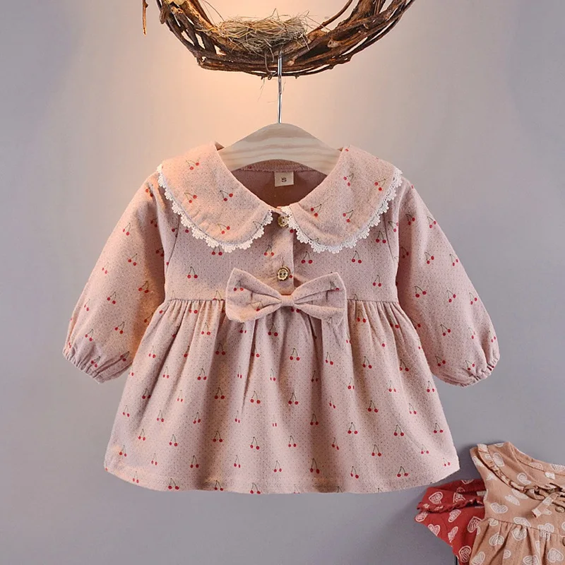

2019 Spring Autumn Long Sleeve Baby Girls Kids Children Bow Infants Doll collar Cherry print Princess Tutu Dress Vestidos C1814