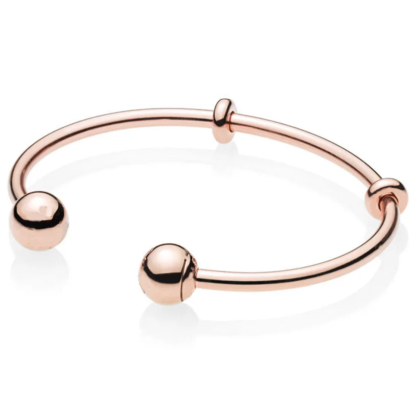 

New 925 Sterling Silver MOMENTS Rose Gold Open Bangle with Signature Caps Bangle Bracelet Fit Bead Charm Pandora DIY Jewelry