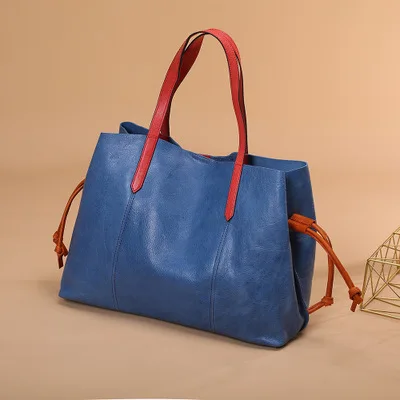 

2019 novelty women genuine leather totes handbag for female black red blue color block soft real leather one shoulder bag
