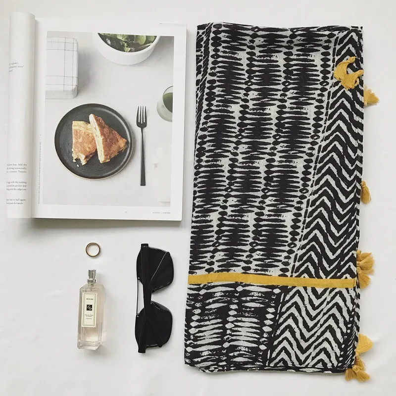 

MARC New Super thin abstract geometric scarf fringed shawl Voile female silk scarf beach sunscreen decoration wild Women male