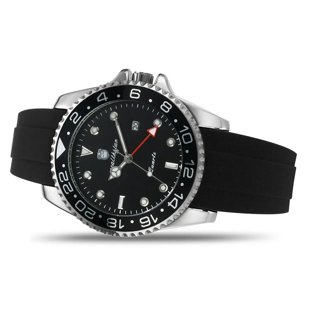Relógios de Quartzo Pulseira de Silicone Wealthstar Marca Relógios Masculinos Case Data Automática Clássico Relógio Gmt Masculino Luxo 44mm