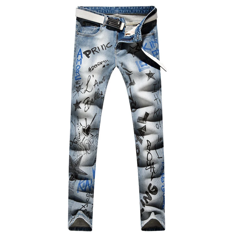 Sokotoo Men's fashion letters printed jeans Slim fit light blue stretch denim pencil pants Sokotoo Men's fashion letters printed jeans Slim fit light blue stretch denim pencil pants