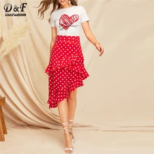 Dotfashion/Повседневная Женская юбка с красной оборкой и асимметричным подолом в горошек летние женские пляжные в стиле бохо