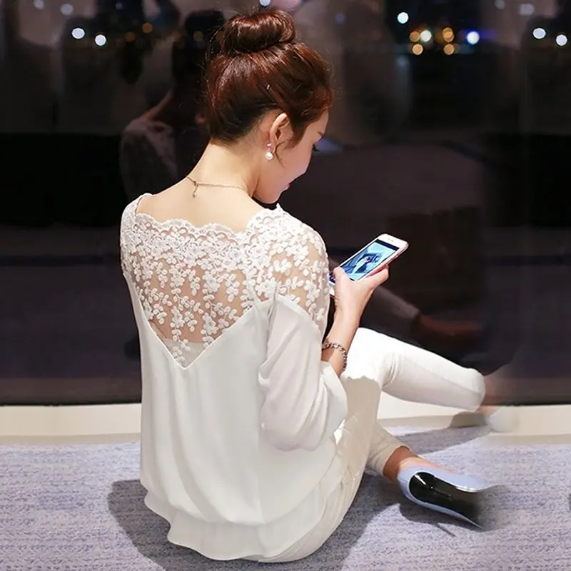 2019 White Blouse Women Summer Loose Casual Chiffon Long Sleeve Lace Black White Shirts Tops Blouse