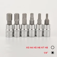 Conjunto de soquete allen para chave, 6 peças, 1/4 Polegada, hexagonal, h3 h4 h5 h6 h7 h8, soquete de catraca chave adaptador cabeça para chave de torque