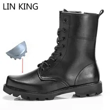 LIN KING/зимние мужские ботинки в байкерском стиле; теплые плюшевые ботинки с высоким берцем для улицы; армейские ботинки со стальным носком; безопасные рабочие ботинки с прокалыванием