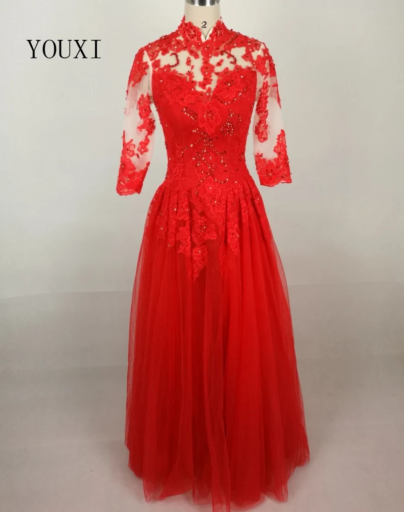 Elegant High Neck Three Quarter Sleeves Red Evening Dresses 2017 Real