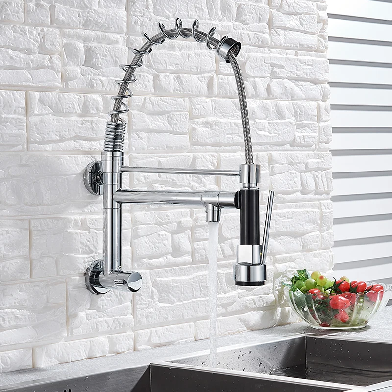  Wall Mounted Spring Kitchen Faucet Pull Down Sprayer Dual Spout Single Cold Water Mixer Sink Faucet - 32976582961