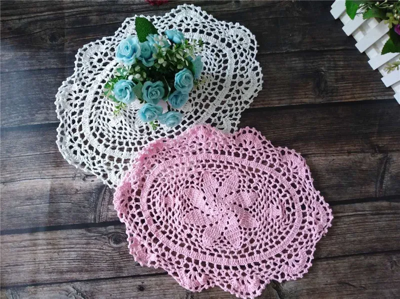 Pastoral Oval Kitchen Table Mat Crochet Flowers Handmade Wine Glass Cosater Pad Wedding Napkins Cotton Lace Christmas Placemats
