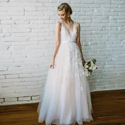 Свадебное платье 2019 тюль белого цвета оттенка слоновой кости V шеи цветочные аппликации линии платья свадебное платье с открытой спиной