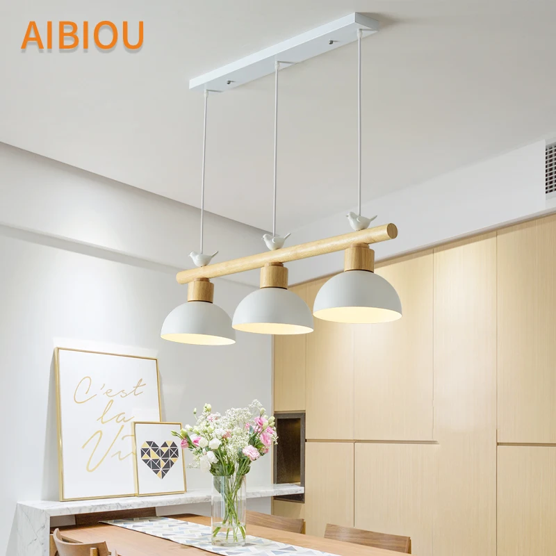 

AIBIOU Nordic LED Pendant Light With Metal Lampshade For Dining Room White Pendant Lamp Bird Hanging Light E27 Wood Luminaira