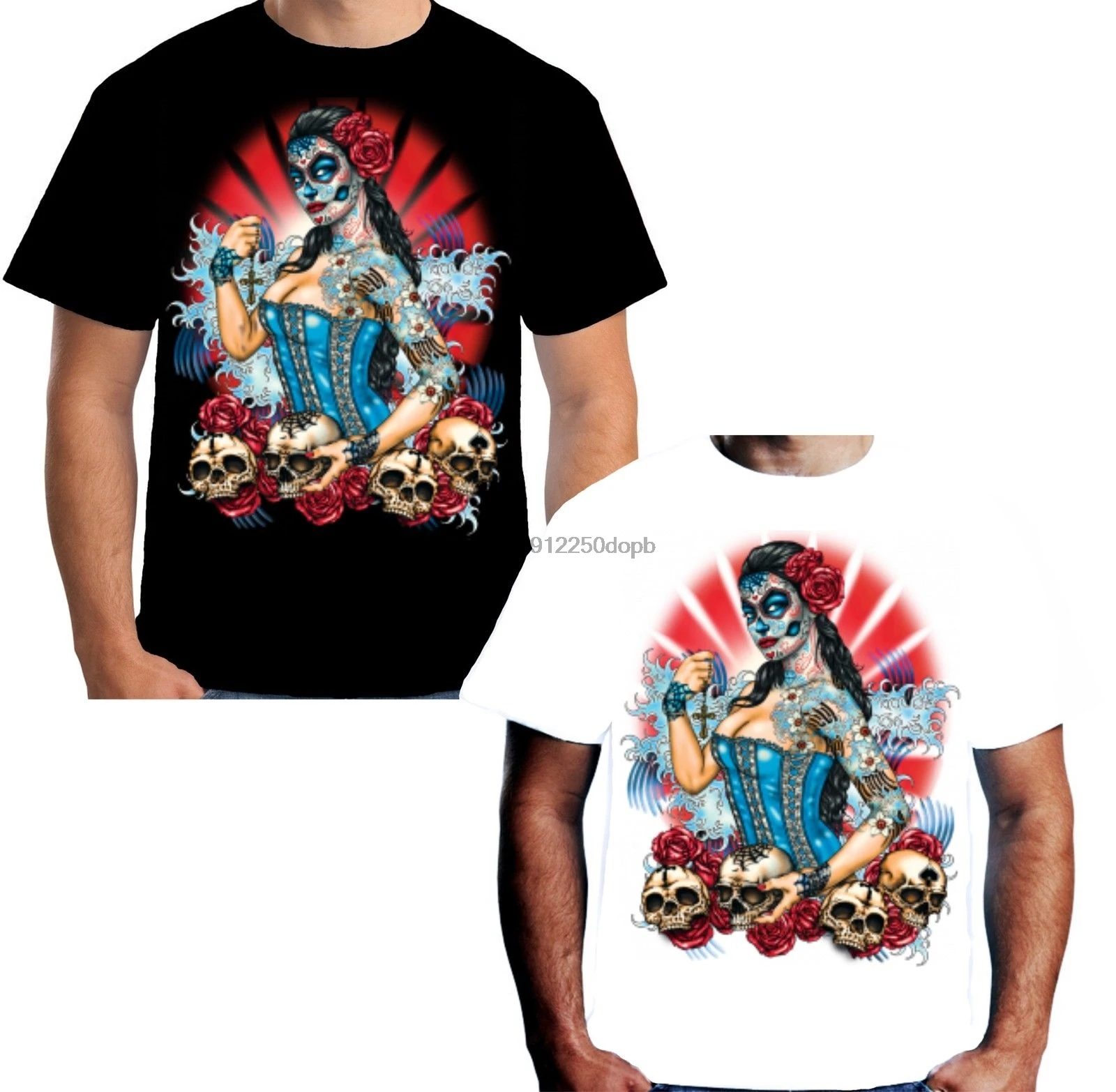 

2019 Summer Fashion Hot Velocitee Mens Day Of The Dead Pin Up T Shirt Gothic Zombie Horror Tattoo W17035 Tee shirt