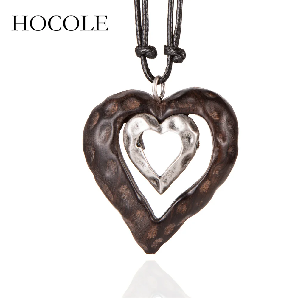 

HOCOLE 2018 New Women Heart Pendant Wood Necklace Long Double Sandalwood Necklaces for Women Jewelry Collares Mujer Bijoux Femme