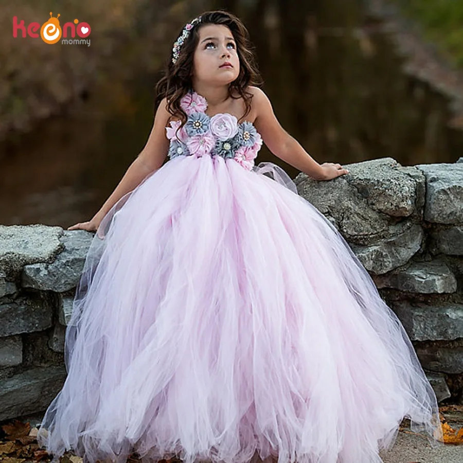 Винтажное розовое и серое платье-пачка с цветами для девочек на свадьбу, Детские элегантные вечерние платья ручной работы, детское бальное платье