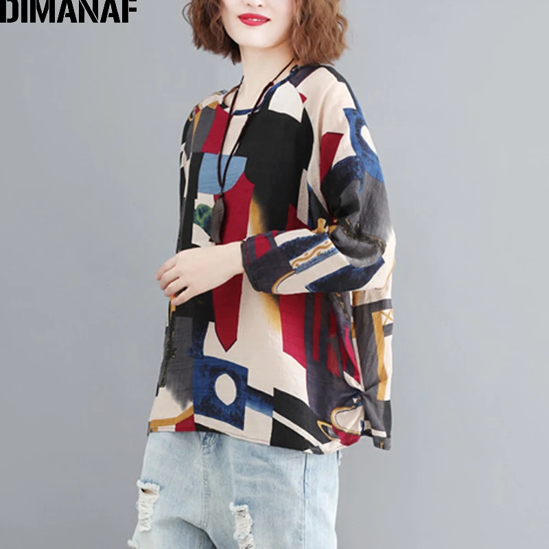 DIMANAF Plus Size Women T-Shirts Cotton Loose Casual Lady Tops Tunic Long Sleeve Tees Shirts Print Patchwork Female Clothes