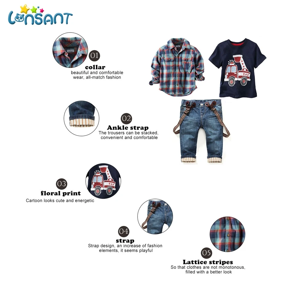 LONSANT/детская одежда; коллекция года; детская одежда; длинные рубашки в клетку с принтом; футболка; джинсы; комплект одежды для мальчиков; От 1 до 9 лет; Прямая поставка