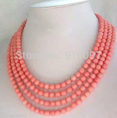 

LHX54013>>>>Fashion jewelry 4 Strands 5mm Pink Coral Necklace 17-20
