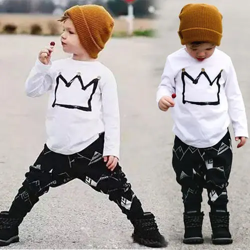 

2016 Unisex New Baby Boys Clothes Long Sleeve Crown Printed T-shirt Tops+Geometric Pattern Pants Sets