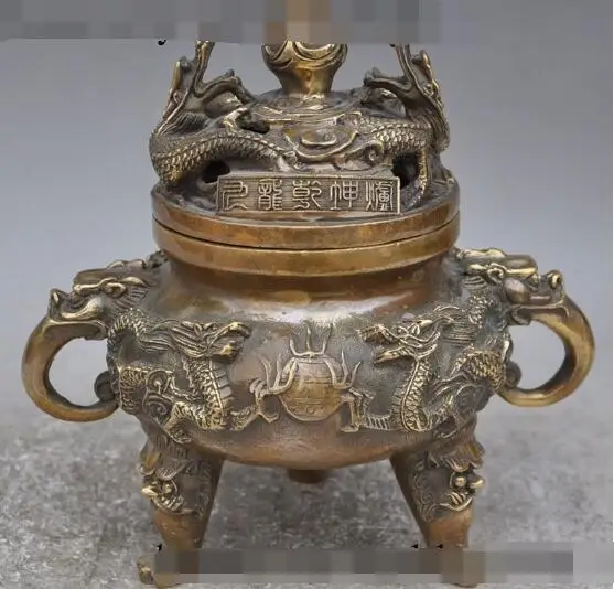 

S00697 8"marked chinese palace bronze 9 dragon lion beast statue incense burner Censer B0403