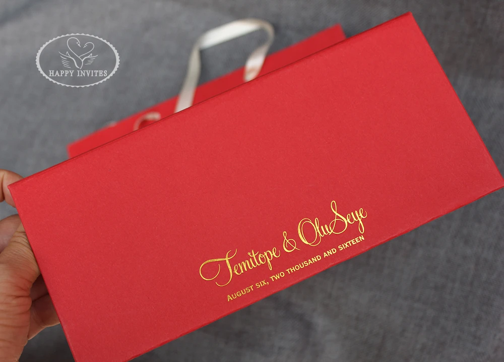 HI1181-07 Customized Red Hardcover Invitation Card Folder with HandBag & Gold Foiling Printing Red Wedding Cards at Factory Wholesal Price Made in China