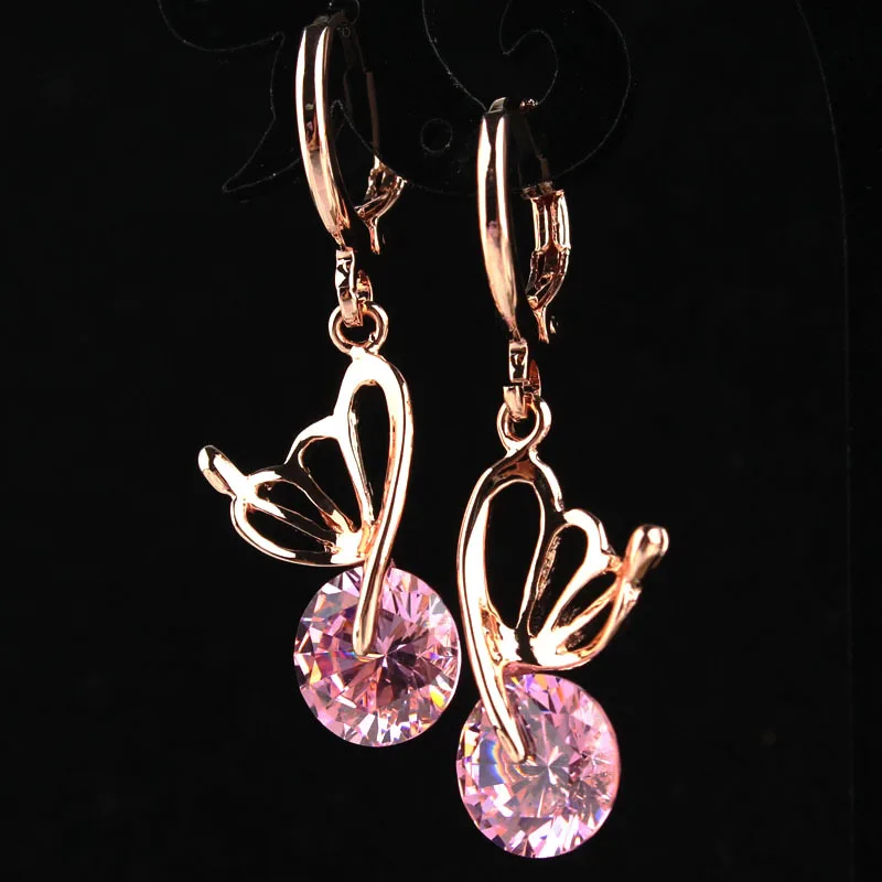 

New Arrival Vintage Women Girl's Pink Round Crystal Dangle Earrings Bohemian Beautiful Butterfly Large Long Pierced Earrings
