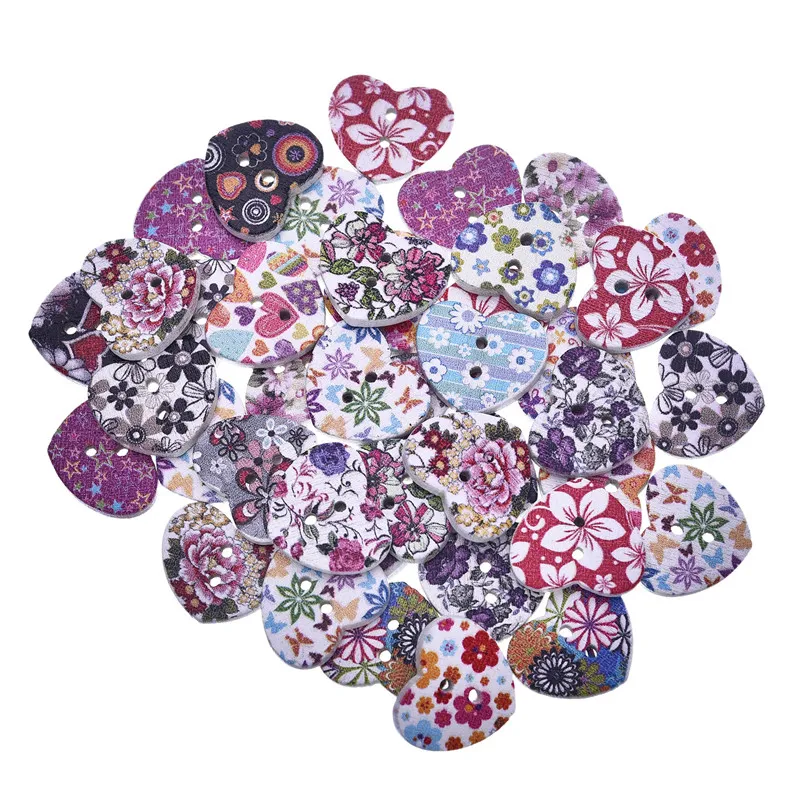 

100Pcs Sewing Accessorirs Decorative Wooden Buttons Mixed Multicolor Flower 2 Holes Heart Wood Sewing Buttons Scrapbook 17x15mm