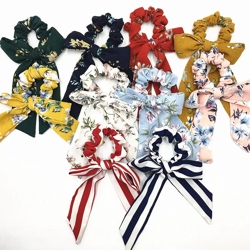 20 шт Оптовая хлопка лук Scrunchies комплект цветок полоса печати резинка для волос девочки, Женская прическа, крепление женские, с бантиком для