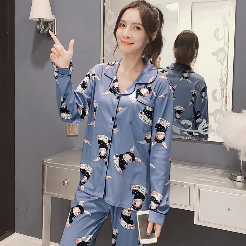 

QWEEK 2019 New Cartoon Print Pajamas for Women Autumn Long Sleeve Homewear Set Cardigan Comfortable Nightgown Cotton Sleepwear