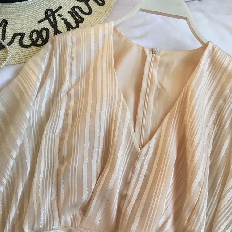 Neploe ледяной шелк полосатые женские блузки лето корейский v-образный вырез рукав летучая мышь блуза Высокая талия оборки рубашки с завязками 44815