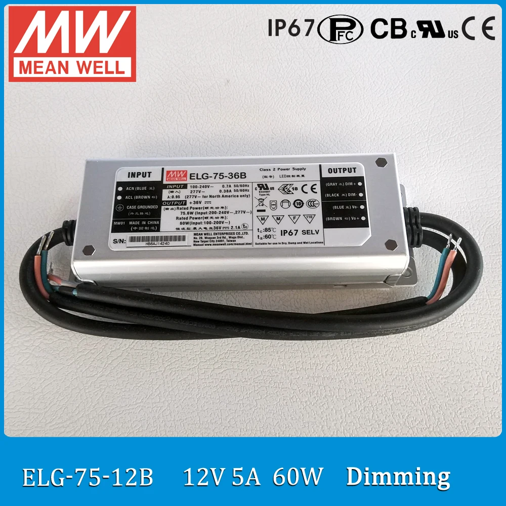 

Оригинальный Meanwell источник питания ELG-75-12B 60 Вт 5А 12В IP67 с регулируемой яркостью означает хороший светодиодный драйвер ELG-75 типа B