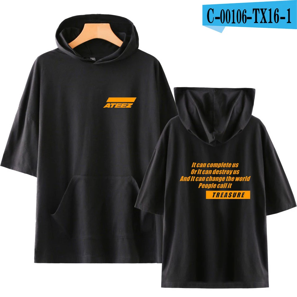 KELUOXIN Лето ATEEZ короткий рукав с капюшоном для женщин и мужчин хлопок свободная футболка Harajuku Хип Хоп популярная футболка ATEEZ Camisetas - Цвет: black