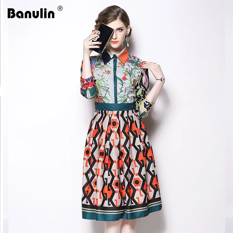

Banulin Summer Autumn 2018 Runway Pleated Dress Women's High Quality Long Sleeve Floral Print Slim Party Knee Length Dresses