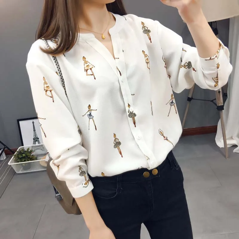 

Shirt Women's Long Sleeve 2019 Spring Print V-neck Slim Female Models Chiffon Shirt Women's Shirt