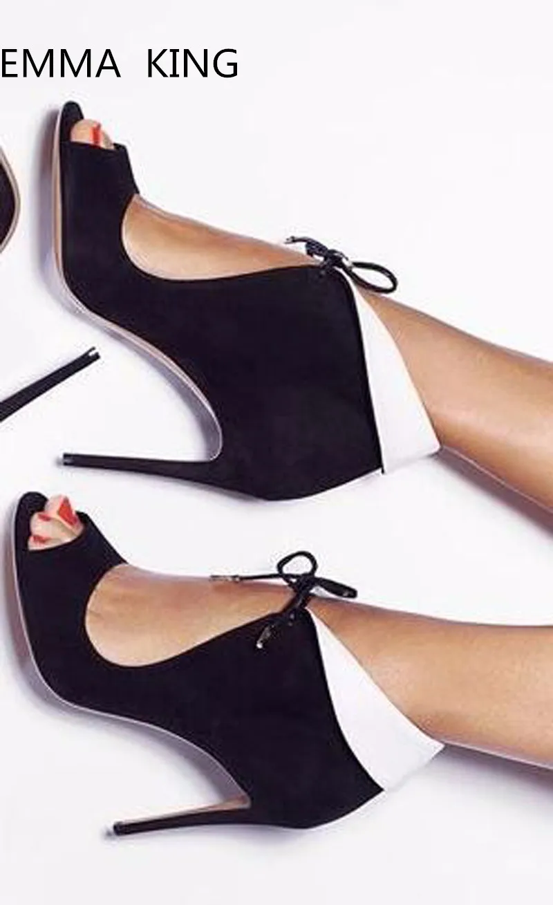

Sexy Black Suede Botines Open Toe Stiletto High Heels Short Boots Lace-up Cut-outs Gladiator Sandals Ankle Boots for Women Shoes