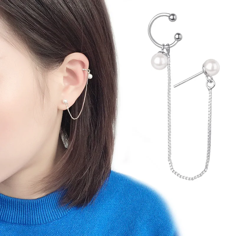 

1pcs Fashion Tassel Ear Line Female Long Line Ear Clip Punk Design Sense Pearl Clip Earrings For Women New Korean Earrings