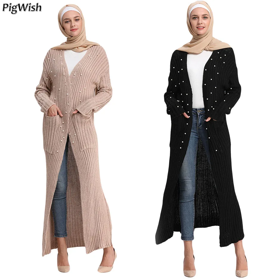 Autumn Winter Arab Women Knitting Sweater Open Abaya Dubai Kaftan Fashion Turkish Muslim Pearls Dress Islamic Lady Ramadan Cloth |