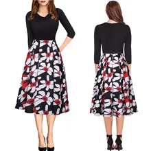 

Black Sexy Floral V-Neck A-Line Dress S-XL Size Women Fashion Mid-Calf Dress 2018 New Autumn HIGH QUALITY