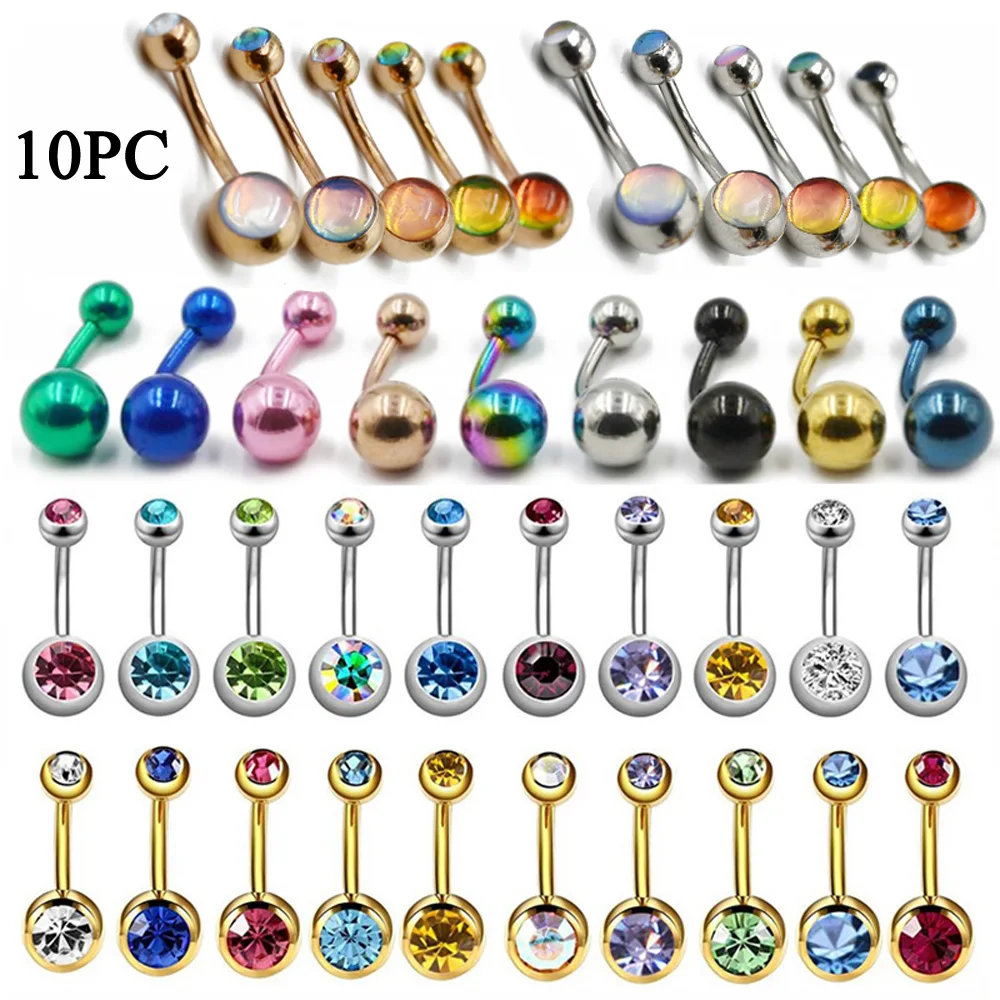 10 Pcs Belly Button Rings Piercing Surgical Steel Double Crystal