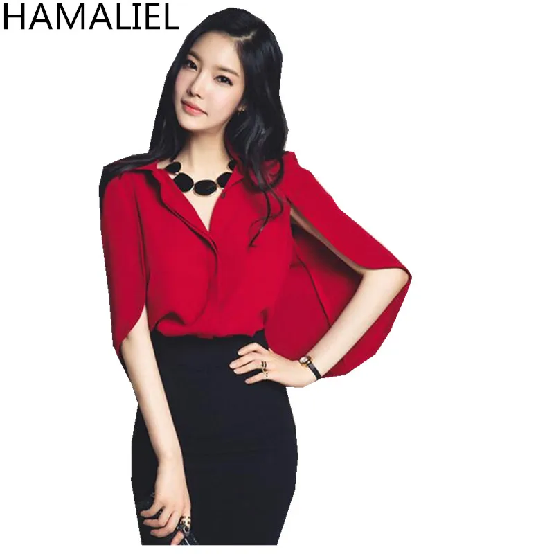 

Korean Style Women Summer Shirt Tops 2018 Fashion Red Chiffon Cloak Cape Half Batwing Sleeve Ladies Lapel Collar Blouse