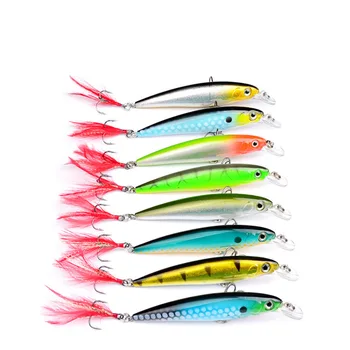 

8PCS Topwater Fishing Minnow Fish Bass lure Feather hook baits 11cm/14g