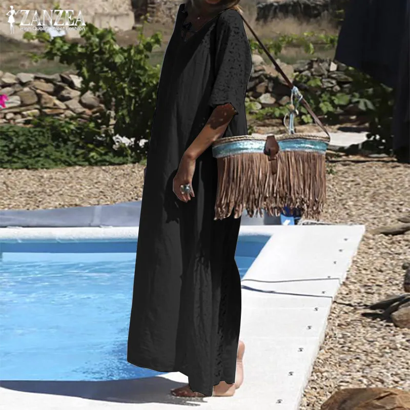 Женский летний сарафан ZANZEA богемное модное кружевное платье Vestidos размера плюс с коротким рукавом Макси платье с v-образным вырезом 5XL