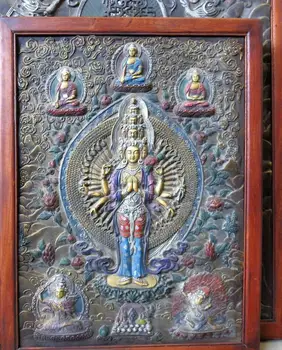 

30" Tibet handwork wood copper five buddha 1000-Hand Kwan-yin Thangka Statue