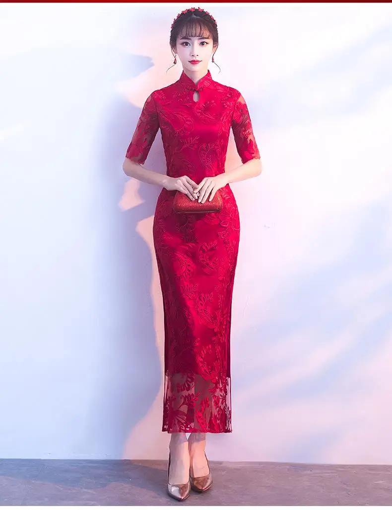 Китайский традиционный красный Cheongsam элегантный женский тонкий длинный Qipao большой размер 3XL винтажные вышивки цветочные кружева платье