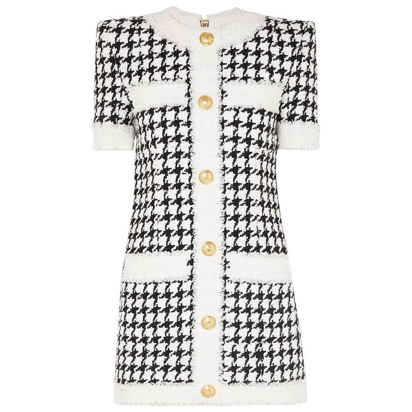 

HIGH QUALITY Newest 2019 Fall Winter Designer Dress Women's Short Sleeve Fringed Houndstooth Tweed Dress