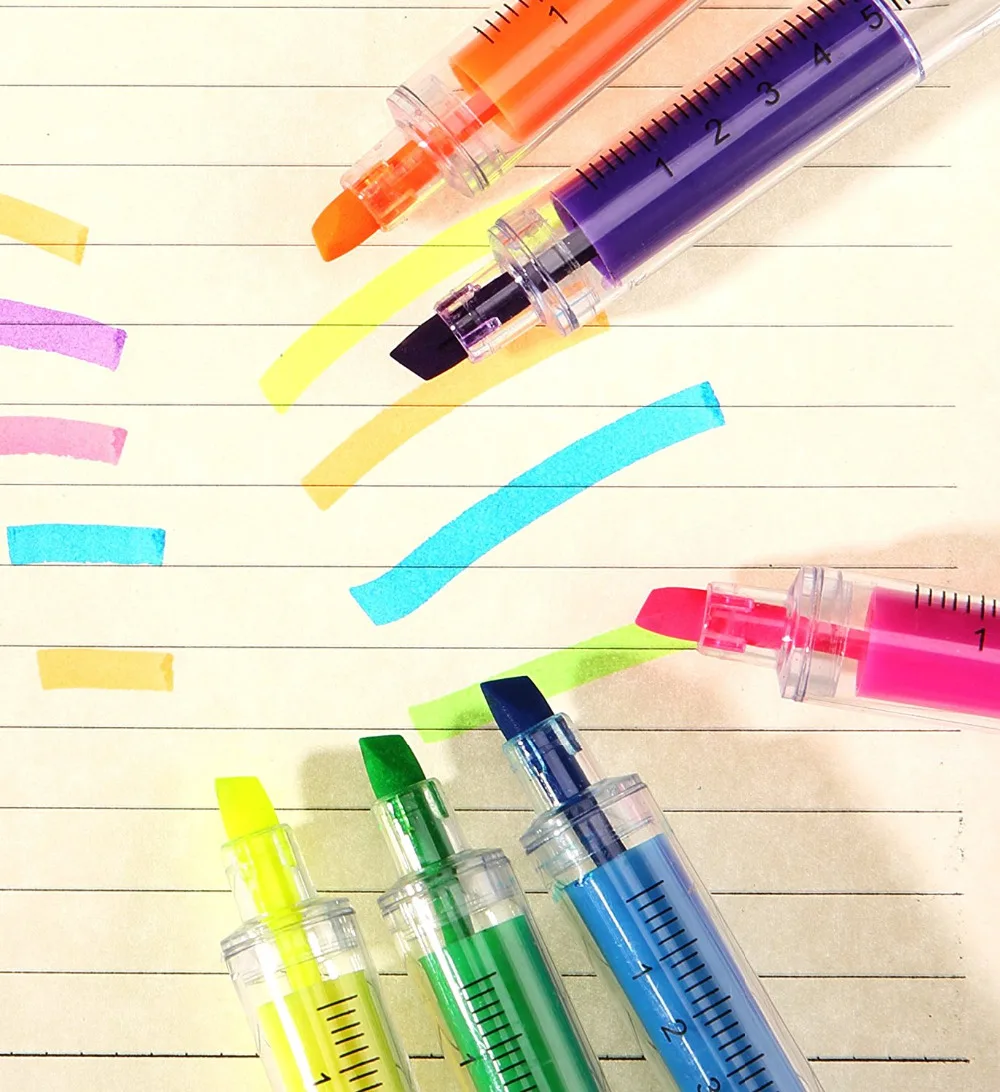 6 шт. маркер-хайлайтер в форме шприца ручки с 6 цветами