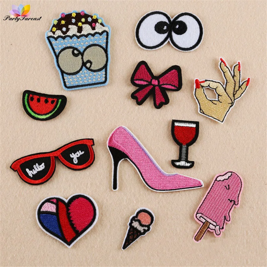Glasses High Heels Embroidery Patches Love OK Gesture DIY Stripes Patch Iron on Clothing Jacket