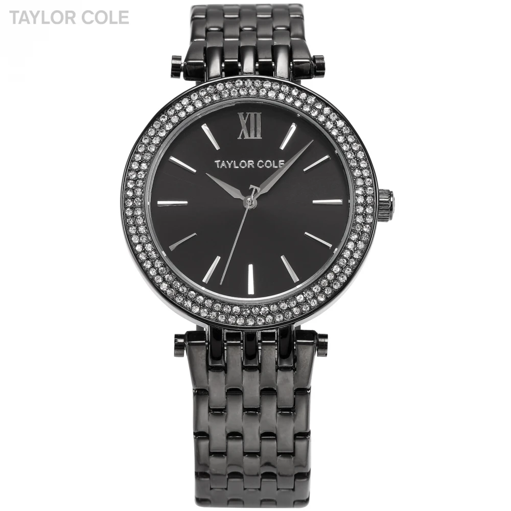 

TARLOR COLE Lady Fashion Analog Quartz Steel Dress Casual Bracelet Band Clock Black Crystal Bezel Women Rhinestone Watch / TC004