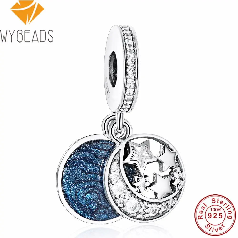 

WYBEADS 925 Sterling Silver Jewelry Vintage Night Sky Charms Enamel Clear CZ Pendant European Bead Fit Bracelet DIY Accessories