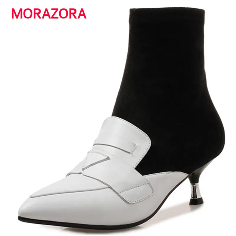 

MORAZORA big size fashion pointed toe boots autumn winter stretch fabric+genuine leather boots short plush women boots high heel