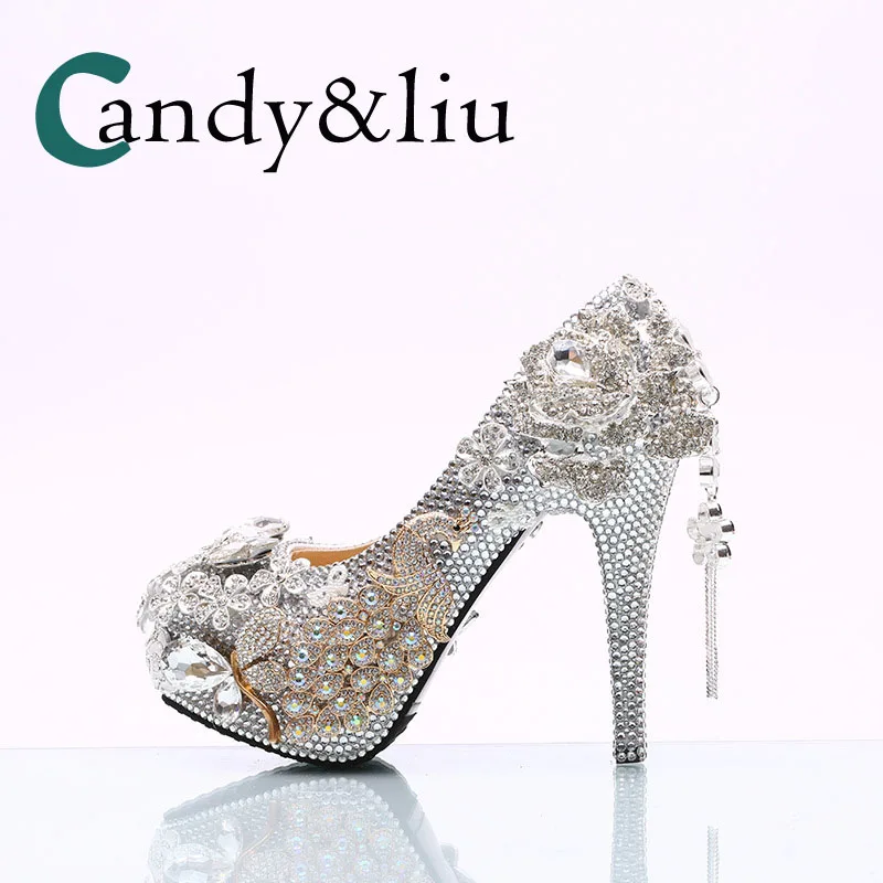 Zapatos Heel Diamantes Vestido Imitación Banquete Mujeres Para Decoracion Tamaño Noche 14cm Boda Gran Super Lujo Las Tacón Cristal Bombas Fiesta Alto Plata De xIznvw1